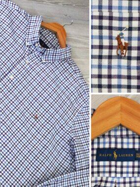 Ralph Lauren Purple Navy Check Mens Flesh Pony Logo Size 3XLT Button Front Shirt